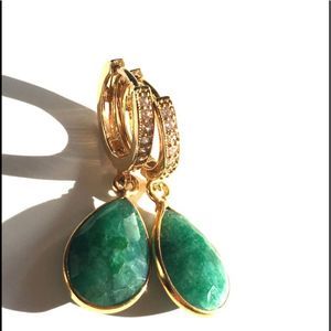 Emerald genuine gemstone charms on rhinestone huggie gold fill hoops